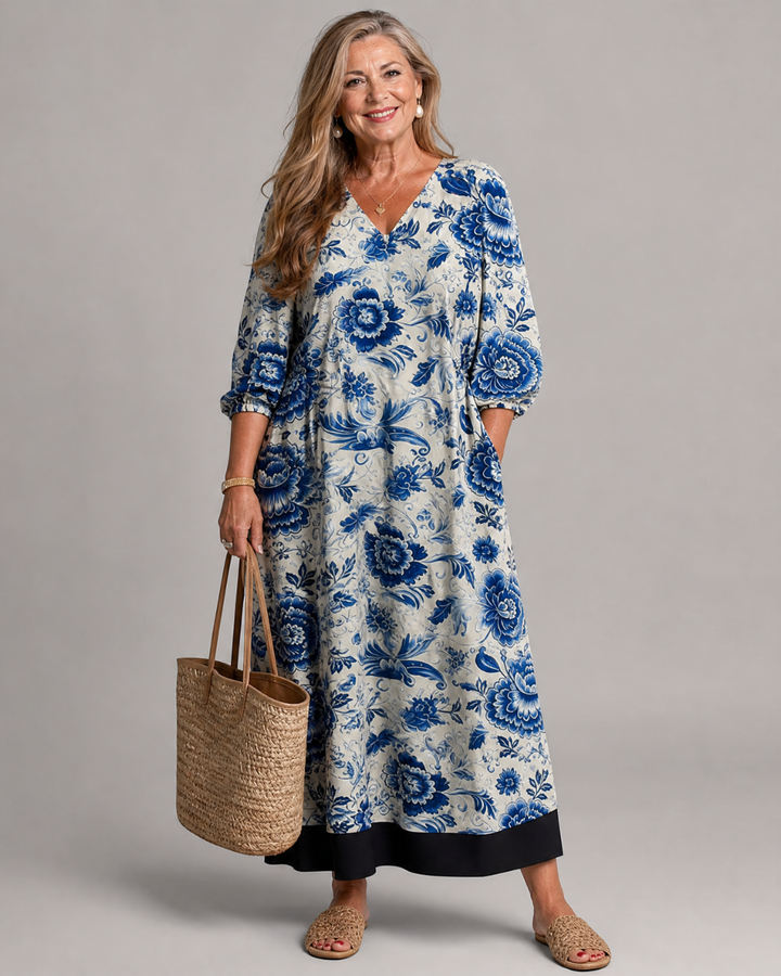 Indigo - Blue Porcelain Floral Pocket Detail Midi Dress