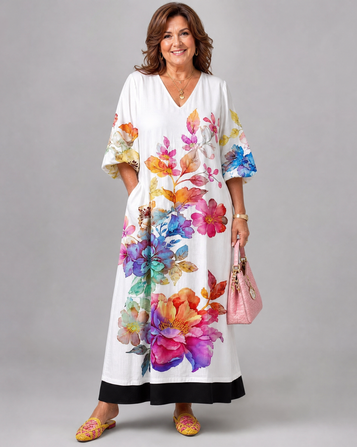 Soleil - Watercolor Bloom Print Flowing Pocket Midi Dress