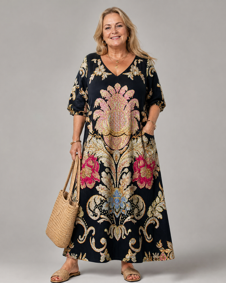 Fern - Ornate Vintage Print Three Quarter Sleeve Midi Dress