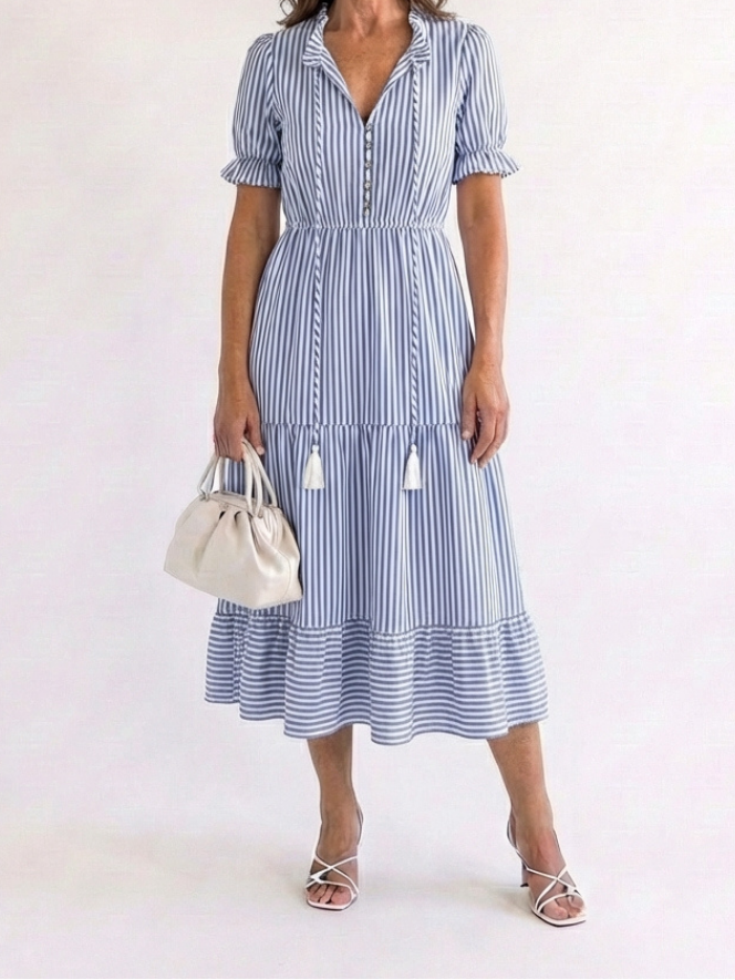 Reese - Short Sleeve Striped Tiered Midi Dress