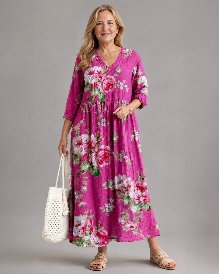 Ember - Vintage Rose Print Gathered Waist Midi Dress