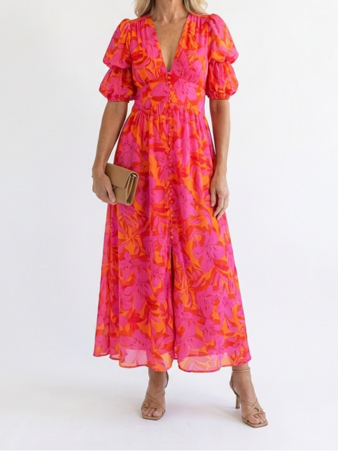 Addison - Floral V Neck Puff Sleeve Midi Dress