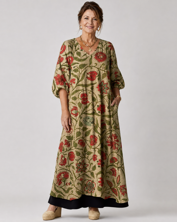 Sable - Botanical Print Relaxed Three Quarter Sleeve Midi Dress