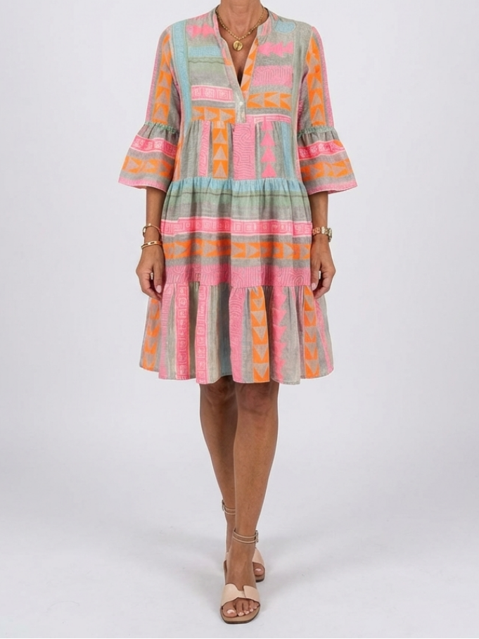 Harlow - Geometric Print V Neck Tiered Knee Length Dress