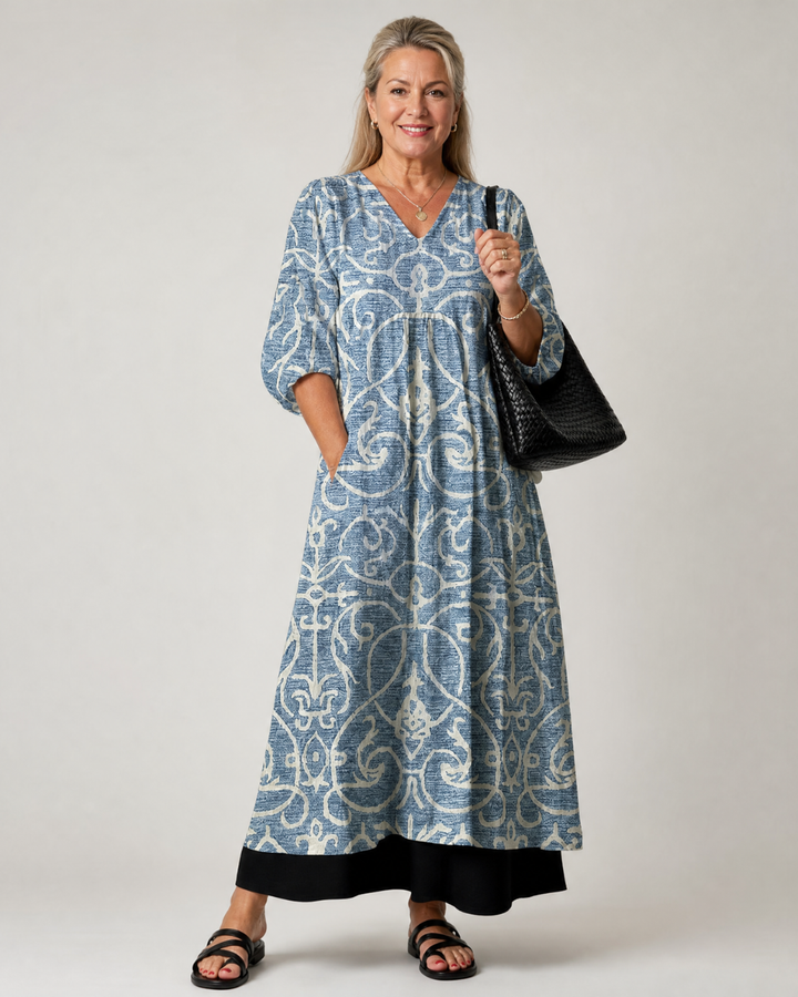Calliope - Vintage Scroll Print Soft Drape Midi Dress
