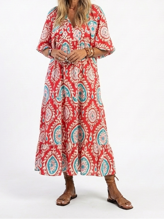 Kendall - Paisley Print V Neck Short Sleeve Midi Dress