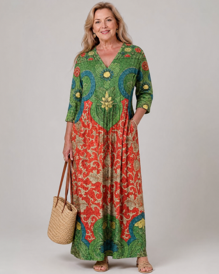 Sage - Abstract Vintage Print Relaxed Three Quarter Sleeve Midi Dress
