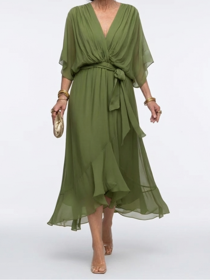 June - V Neck Draped Waist Tie Midi Dress