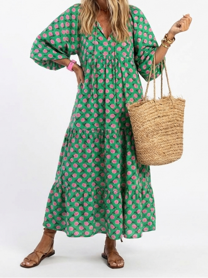 Sloane - Floral Print V Neck Tiered Midi Dress