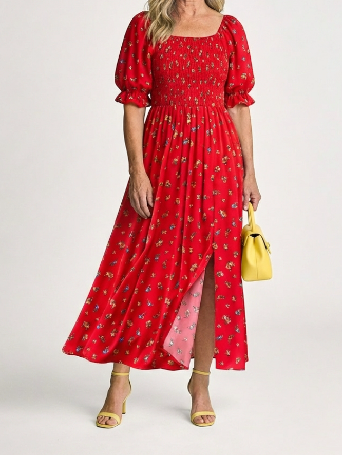 Aubrey - Square Neck Floral Puff Sleeve Midi Dress