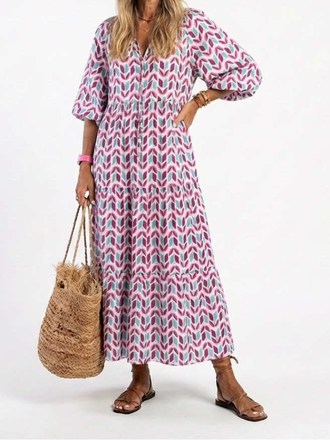 Presley - Geometric Print Long Sleeve Tiered Midi Dress