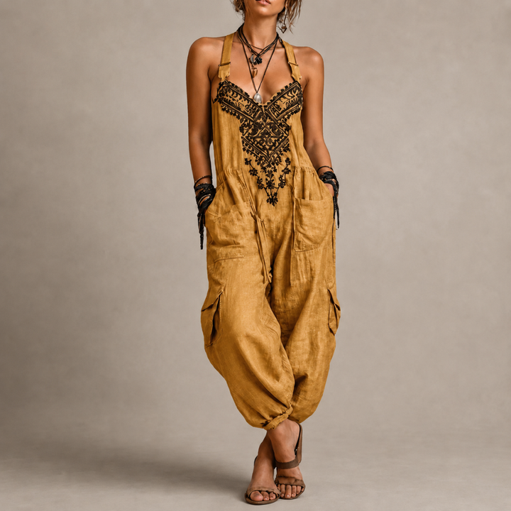 Astrid Bohemian Jumpsuit full-length view showing loose fit and embroidery detail