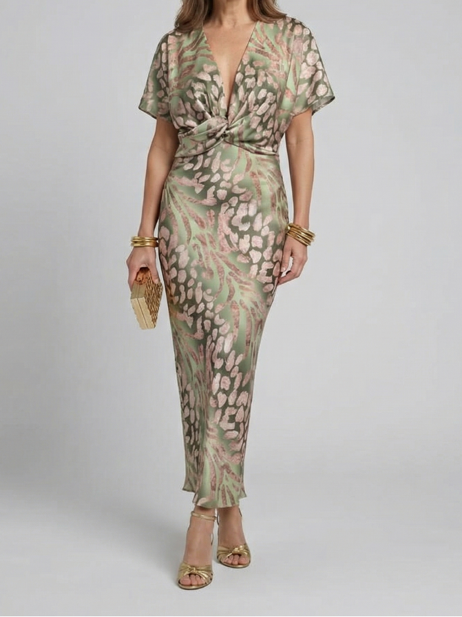 Shelby - Abstract Print V Neck Twist Waist Midi Dress