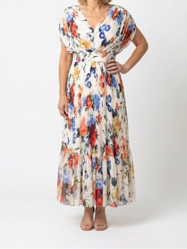 Cassidy - Short Sleeve Pleated Floral Midi Dress