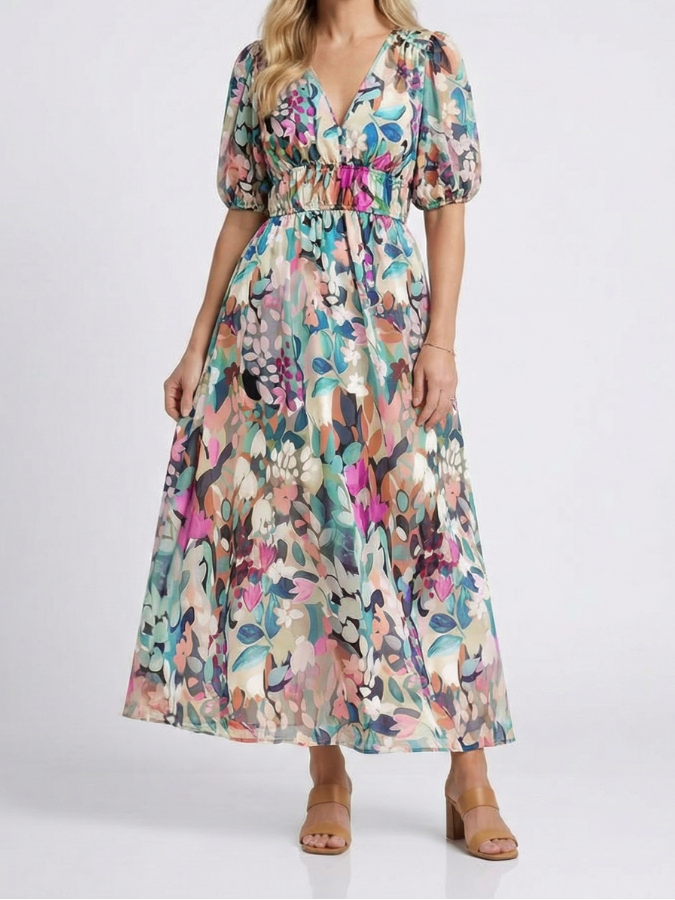 Waverly - V Neck Short Sleeve Gathered Waist Midi Dress