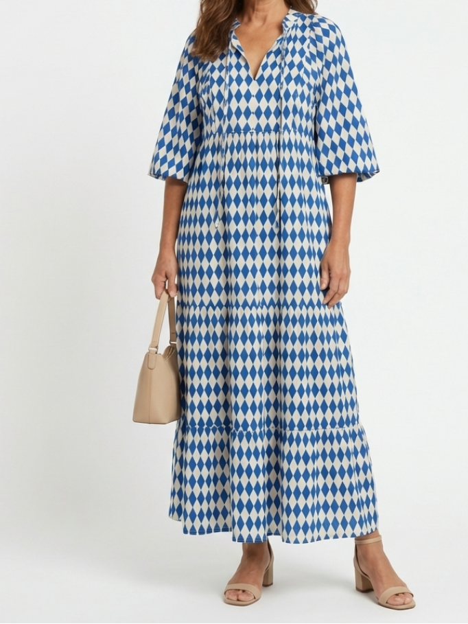 Hadley - Diamond Print Tiered Midi Dress