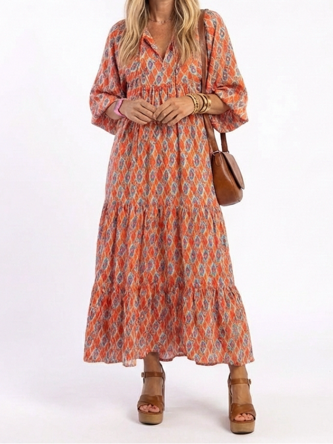 Whitney - Geometric Print V Neck Tiered Midi Dress
