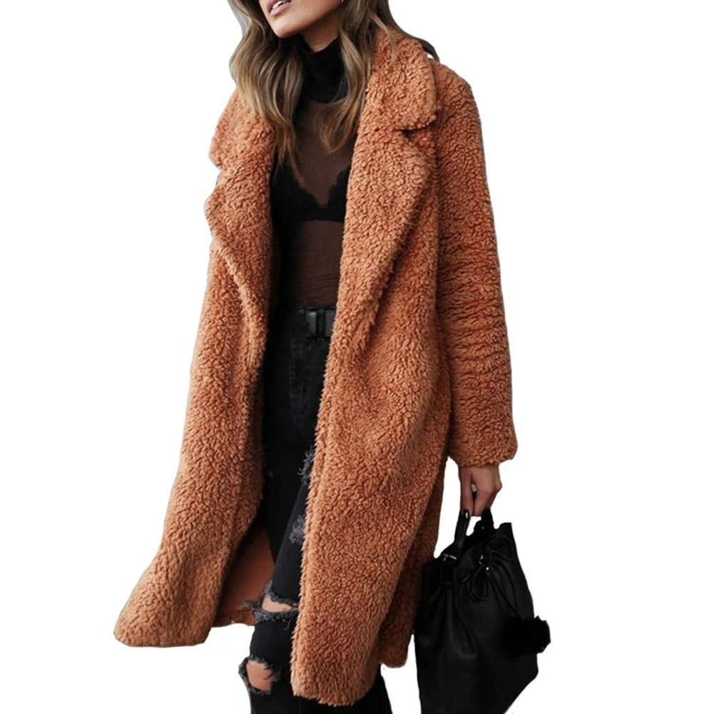 Teddy Plush Coat | Knee-Length Lapel Winter Coat – Leah & Lila