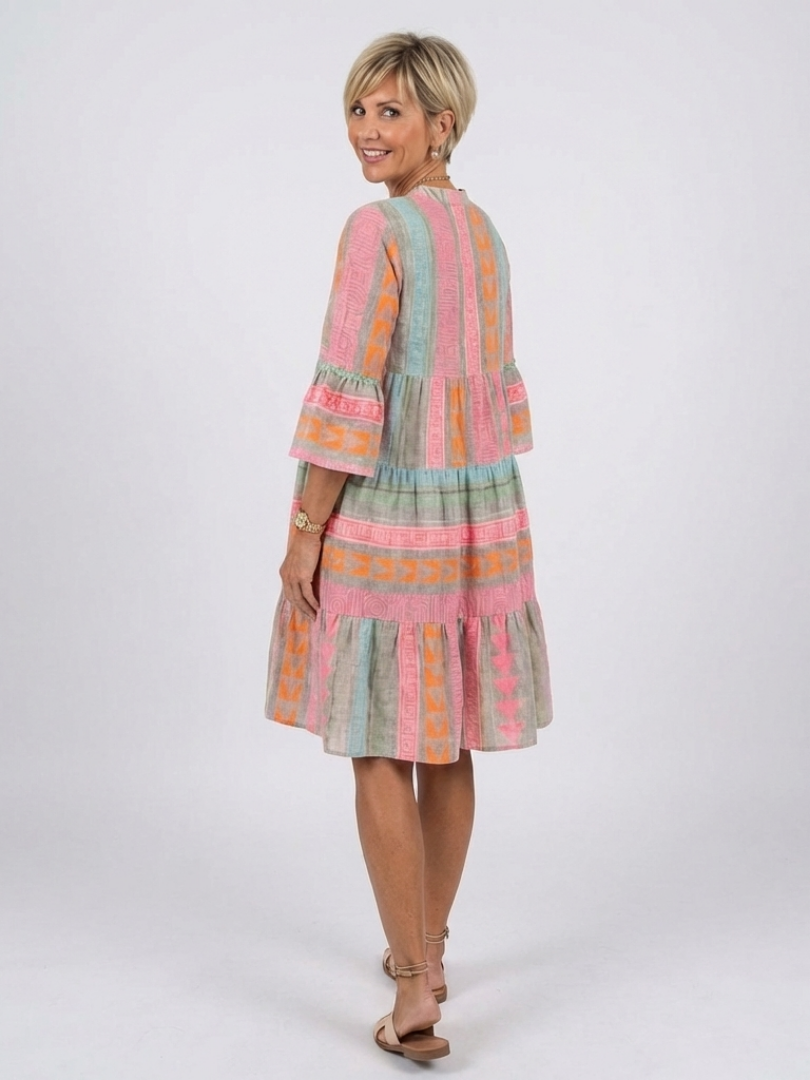 Harlow - Geometric Print V Neck Tiered Knee Length Dress
