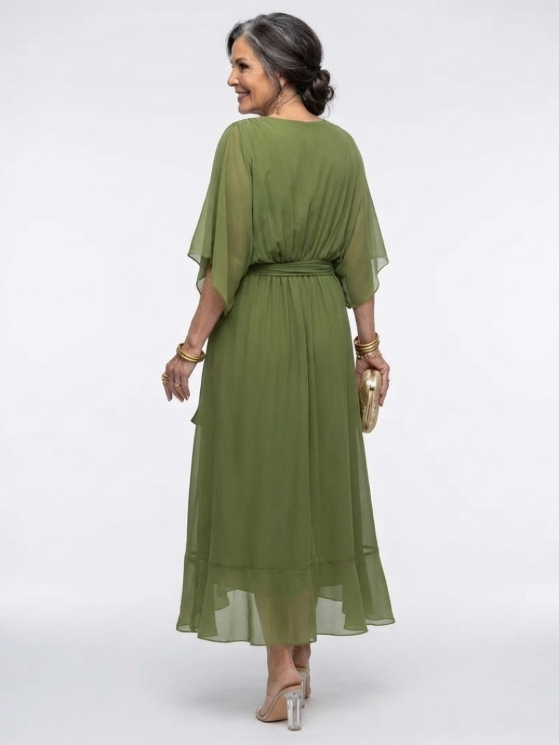 June - V Neck Draped Waist Tie Midi Dress