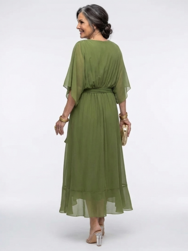 June - V Neck Draped Waist Tie Midi Dress