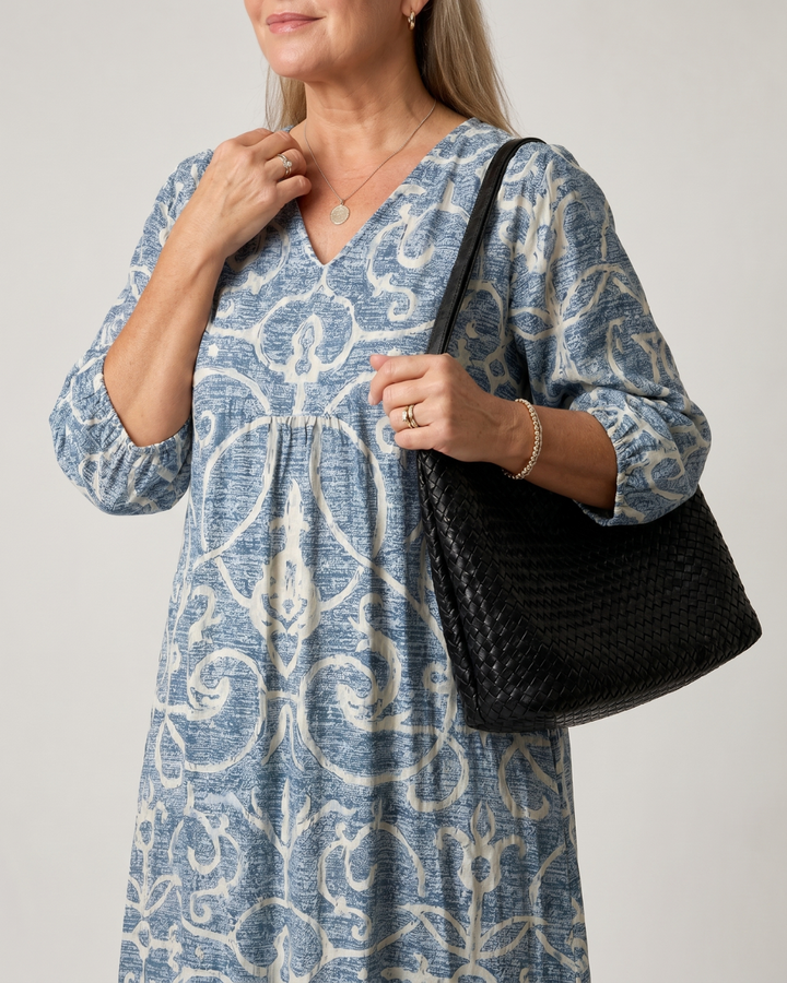Calliope - Vintage Scroll Print Soft Drape Midi Dress