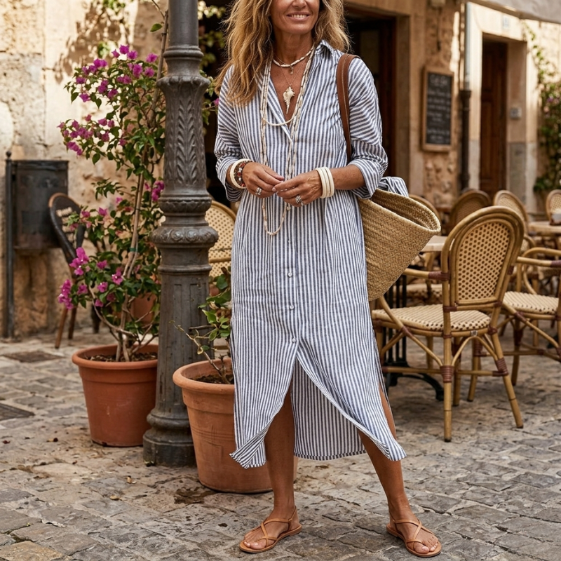 Leah & Lila Willow striped shirt dress detail view