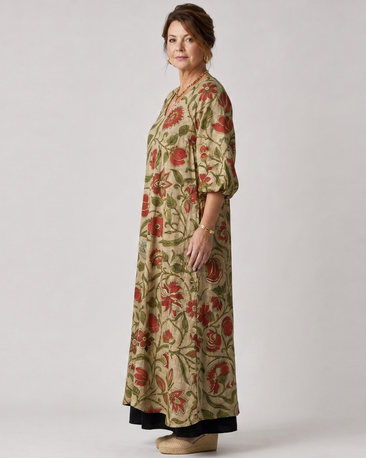 Sable - Botanical Print Relaxed Three Quarter Sleeve Midi Dress