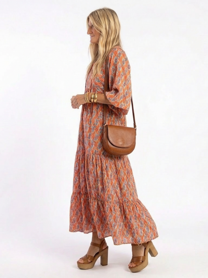 Whitney - Geometric Print V Neck Tiered Midi Dress