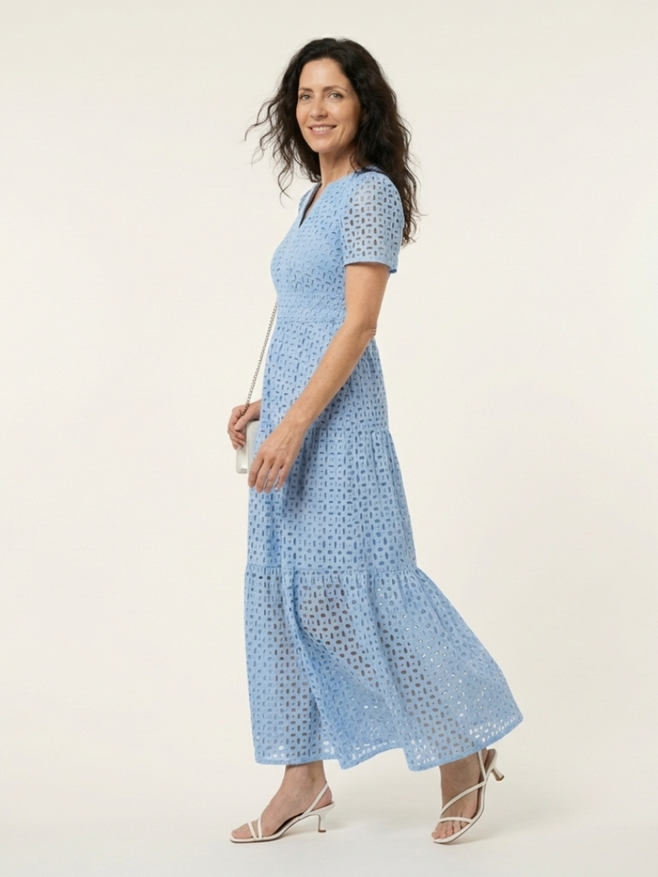Wren - V Neck Short Sleeve Tiered Midi Dress