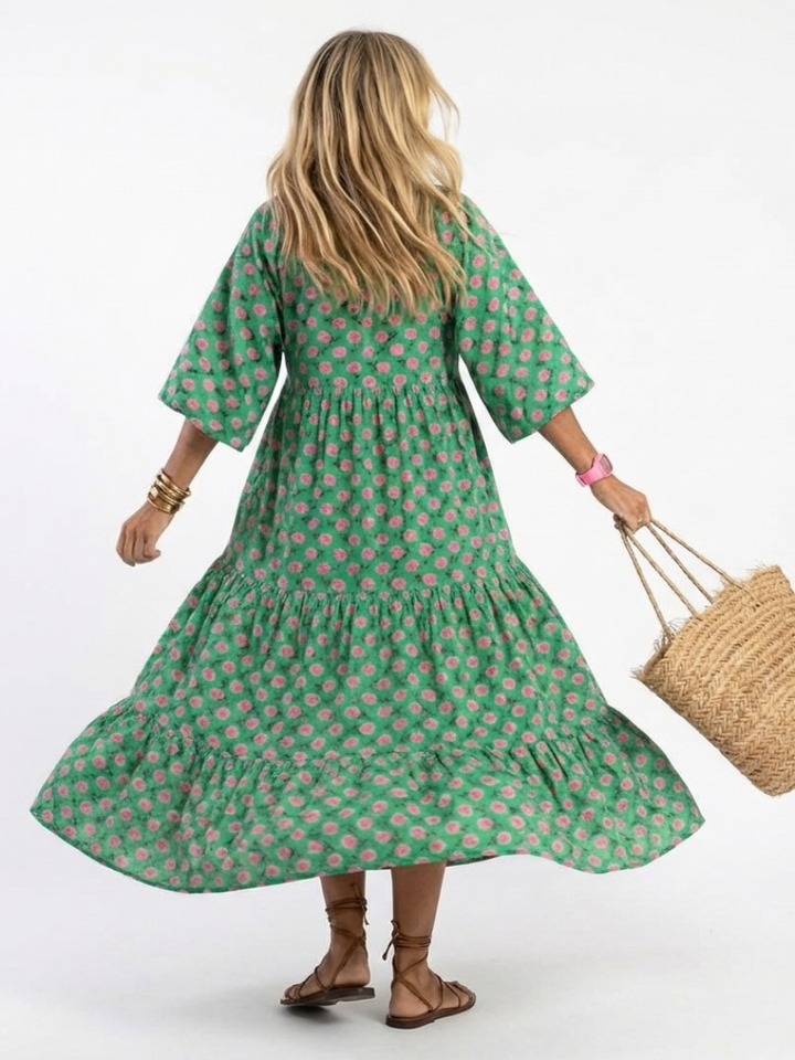 Sloane - Floral Print V Neck Tiered Midi Dress