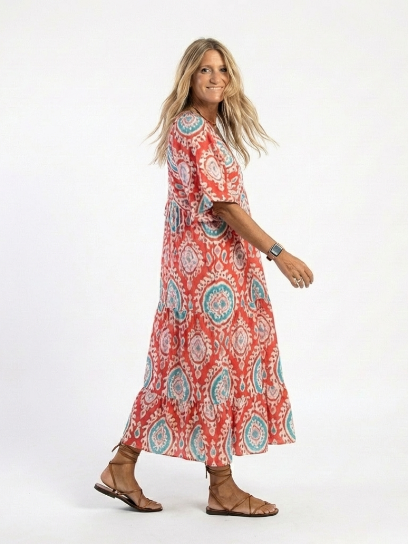 Kendall - Paisley Print V Neck Short Sleeve Midi Dress