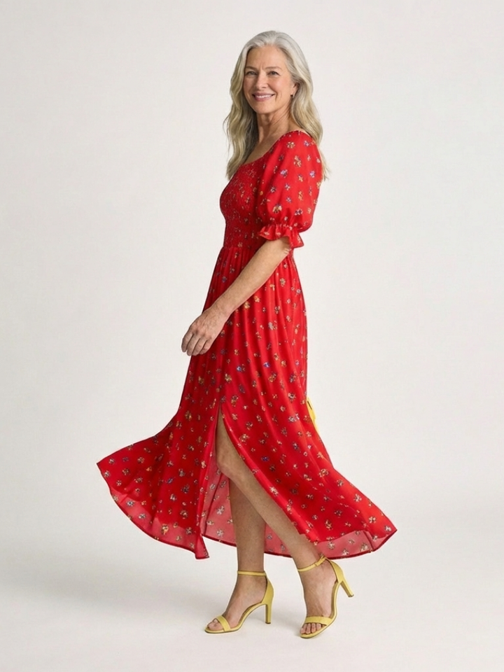 Aubrey - Square Neck Floral Puff Sleeve Midi Dress