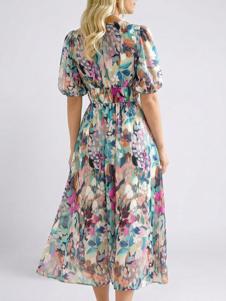 Waverly - V Neck Short Sleeve Gathered Waist Midi Dress