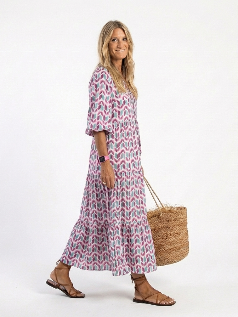Presley - Geometric Print Long Sleeve Tiered Midi Dress