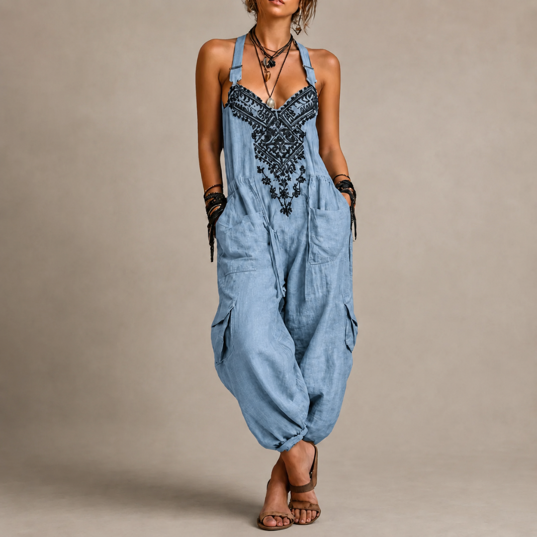 Astrid Embroidered Jumpsuit lifestyle photo – women's boho wide-leg one-piece outfit