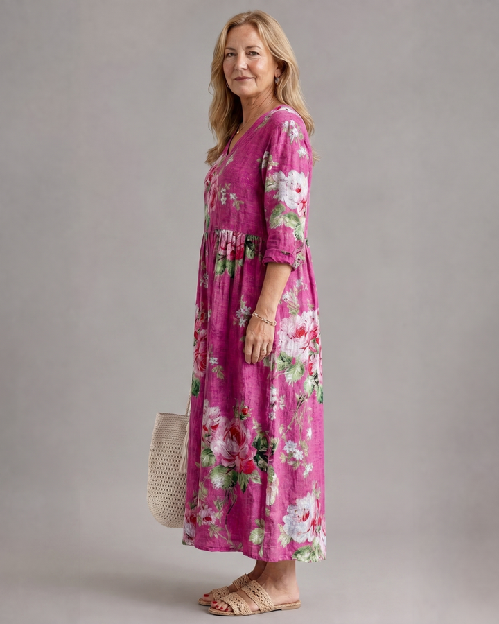 Ember - Vintage Rose Print Gathered Waist Midi Dress