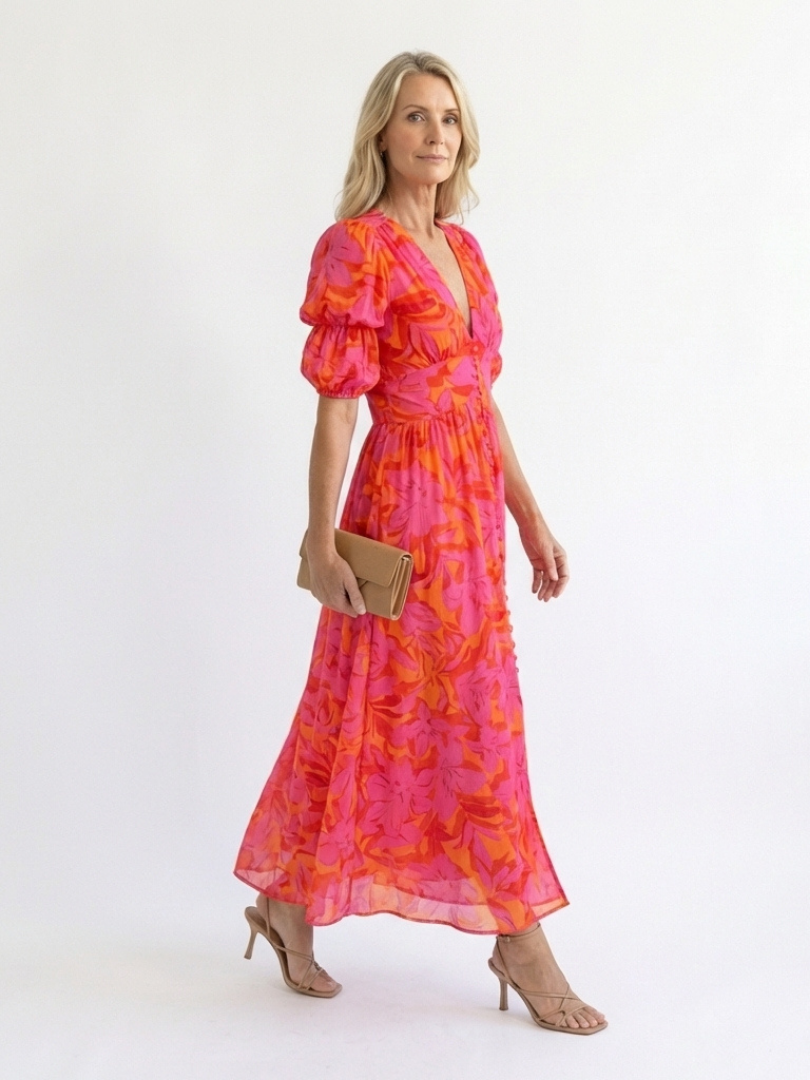Addison - Floral V Neck Puff Sleeve Midi Dress