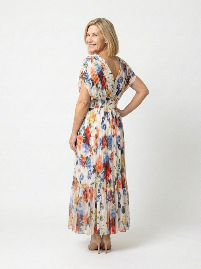 Cassidy - Short Sleeve Pleated Floral Midi Dress