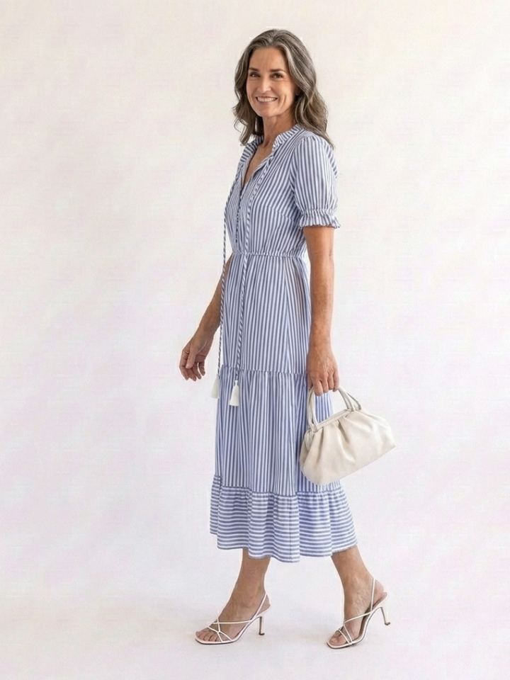 Reese - Short Sleeve Striped Tiered Midi Dress