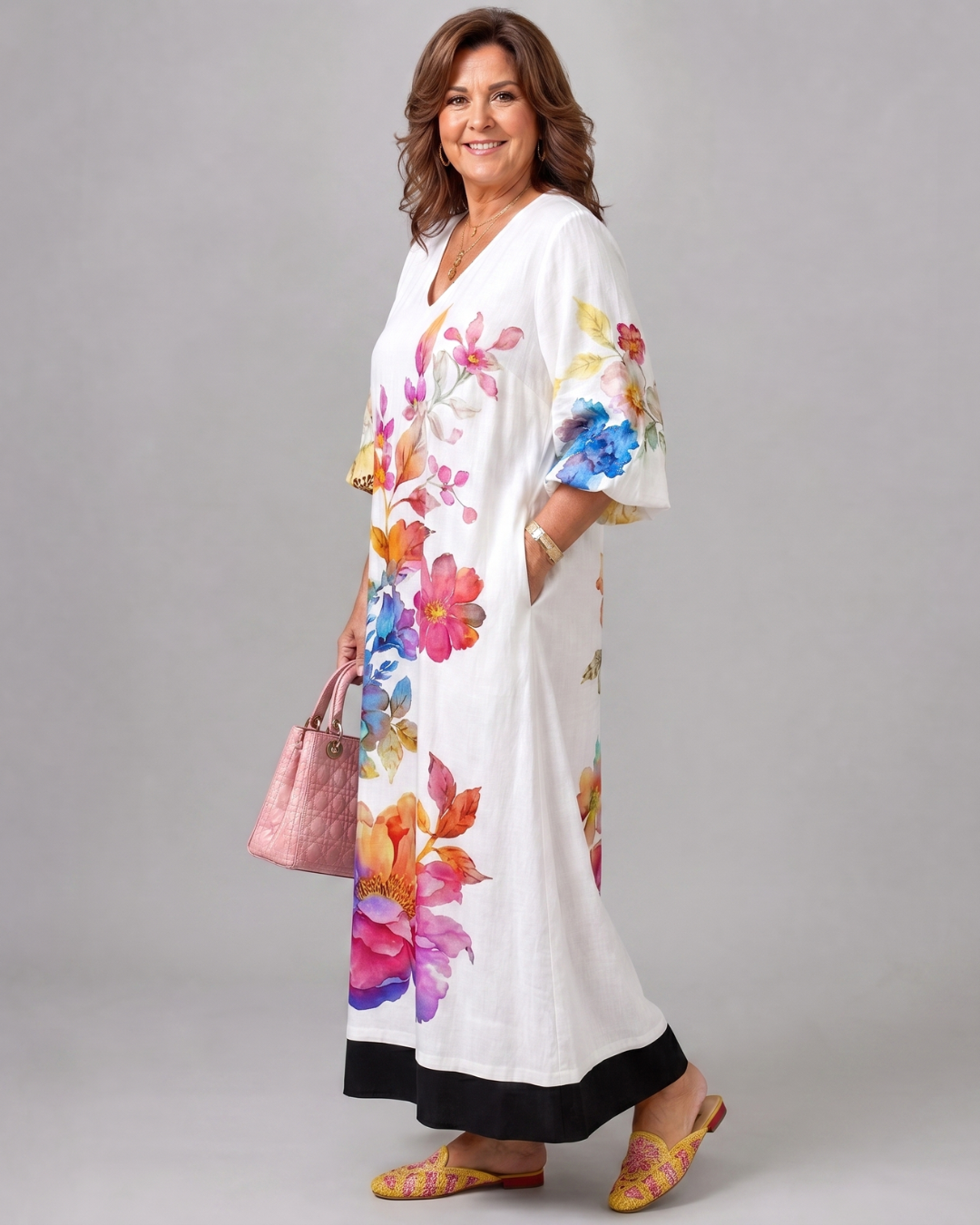 Soleil - Watercolor Bloom Print Flowing Pocket Midi Dress