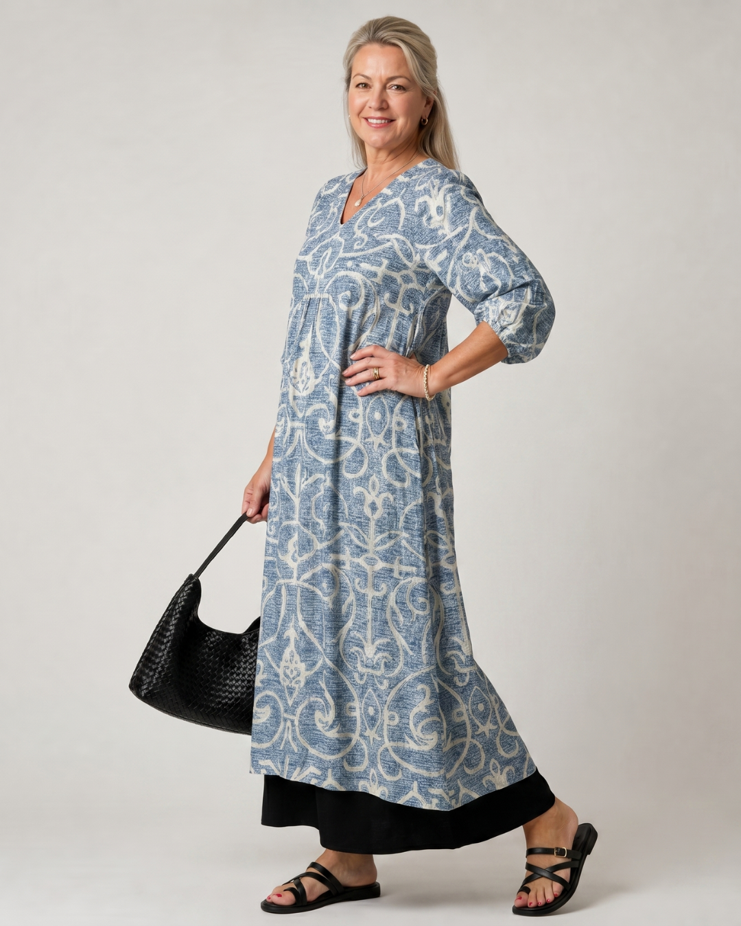 Calliope - Vintage Scroll Print Soft Drape Midi Dress