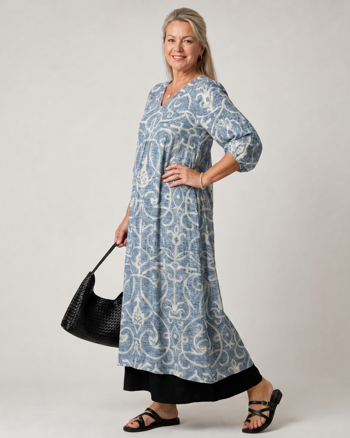 Calliope - Vintage Scroll Print Soft Drape Midi Dress