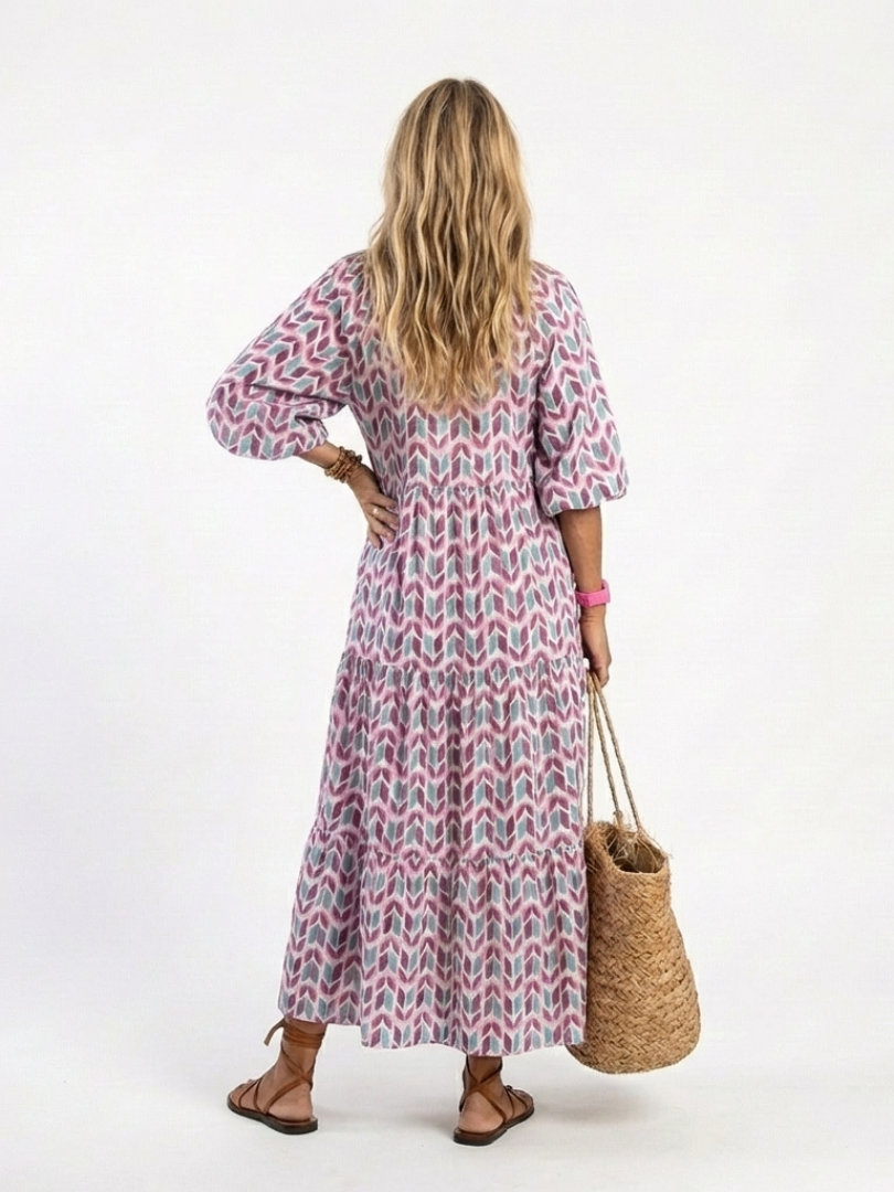 Presley - Geometric Print Long Sleeve Tiered Midi Dress