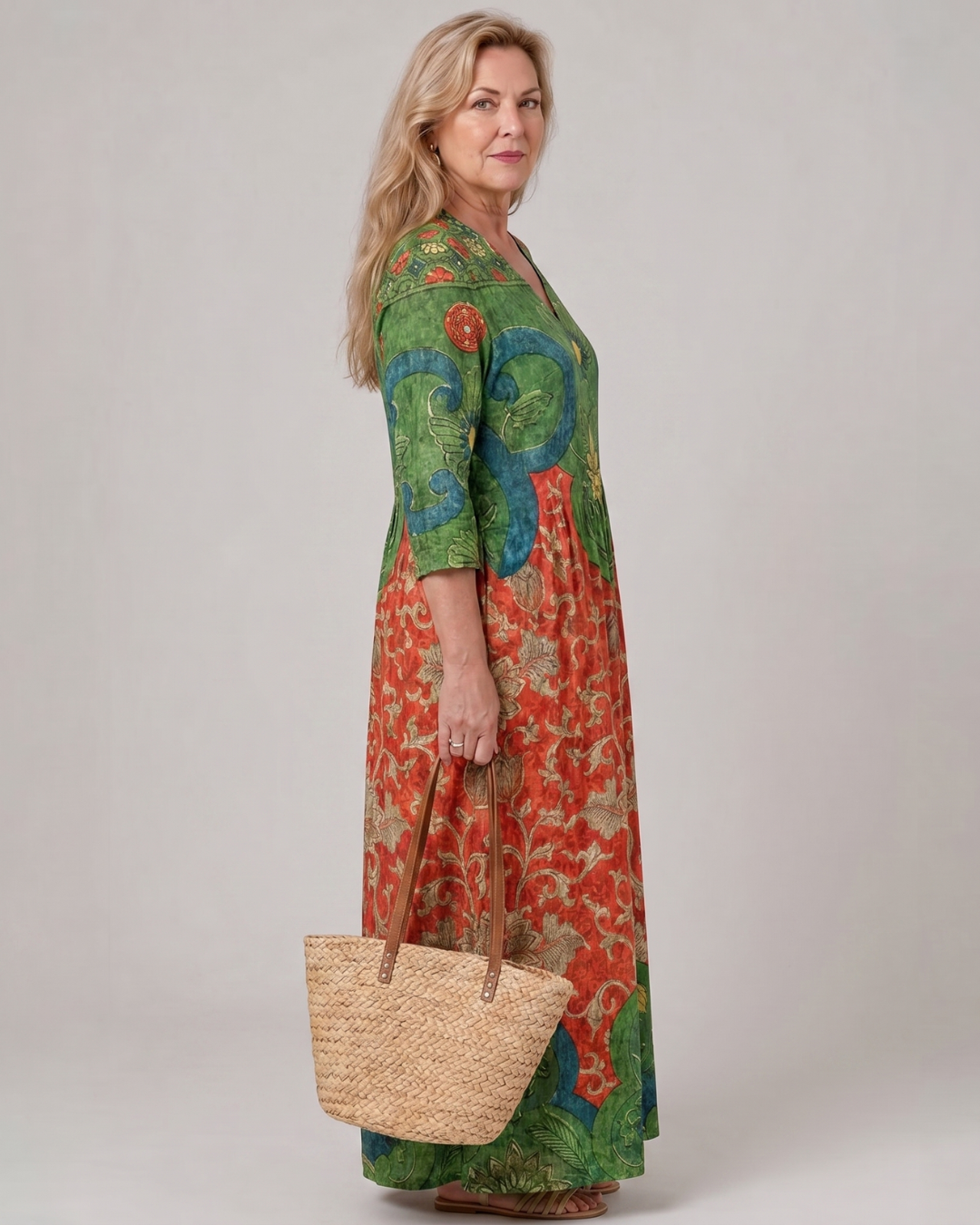 Sage - Abstract Vintage Print Relaxed Three Quarter Sleeve Midi Dress