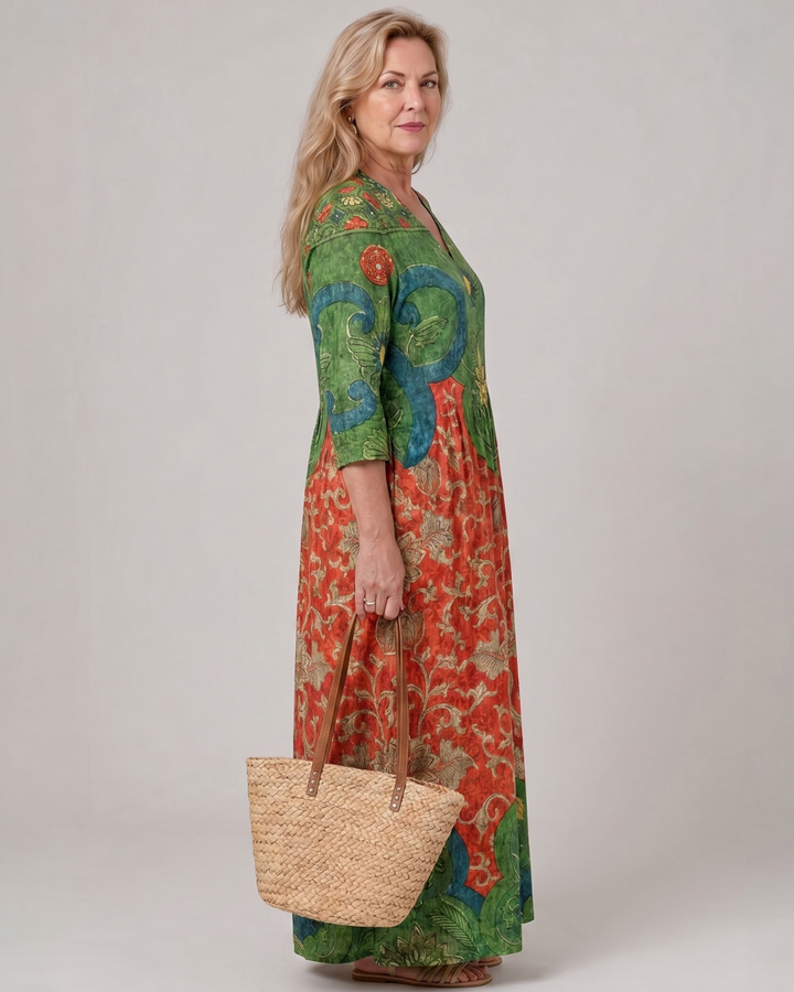 Sage - Abstract Vintage Print Relaxed Three Quarter Sleeve Midi Dress