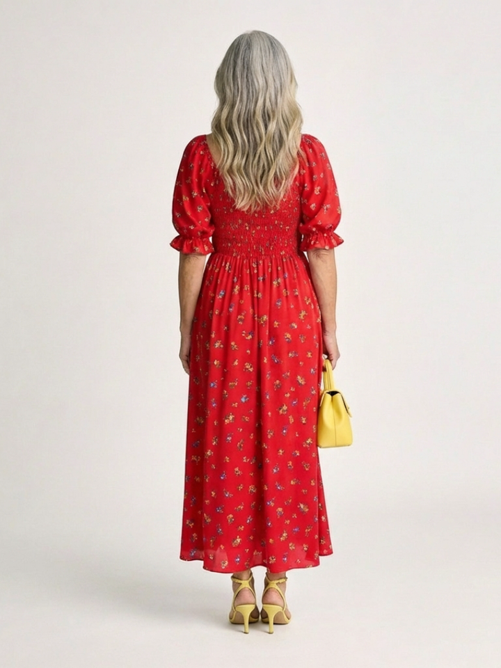 Aubrey - Square Neck Floral Puff Sleeve Midi Dress