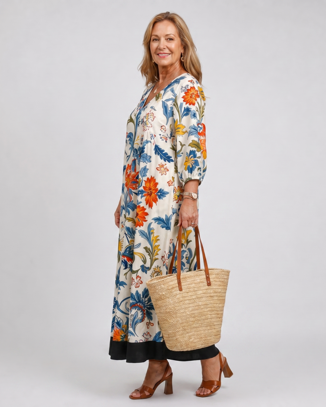 Clover - Botanical Scroll Print Everyday Pocket Midi Dress