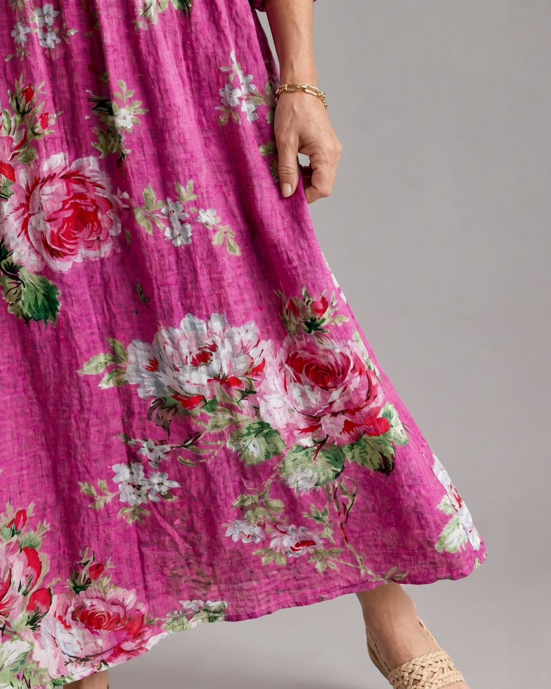 Ember - Vintage Rose Print Gathered Waist Midi Dress