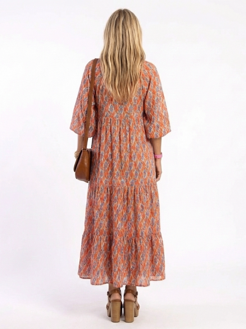 Whitney - Geometric Print V Neck Tiered Midi Dress
